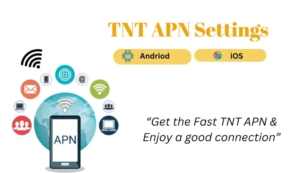 Fastest APN For TNT | Gaming, MMS, And Internet APN Settings 4 TNT APN settings image with Android and iOS options, smartphone, communication icons, and text Get the Fast TNT APN & Enjoy a good connection.