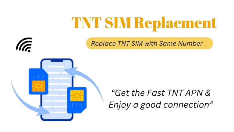 TNT SIM replacement with phone, SIM cards, arrows, and text TNT SIM Replacement, Replace SIM with Same Number