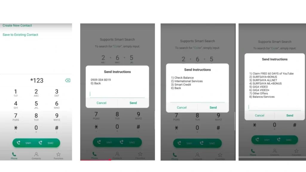 Collage of four mobile screenshots showing TNT balance inquiry via *123, with options Check Balance, Balance/Services, and Send.
