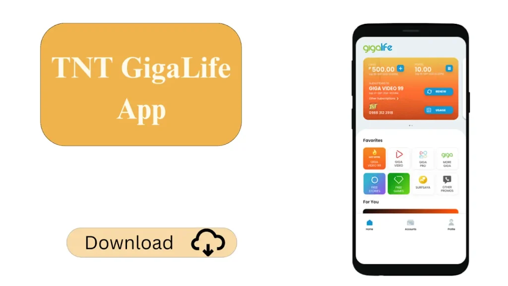 TNT SIM App Download | Download the Latest Version of GigaLife App 1 Promotional image for the TNT GigaLife App showing a yellow download button and the app interface displayed on a smartphone screen